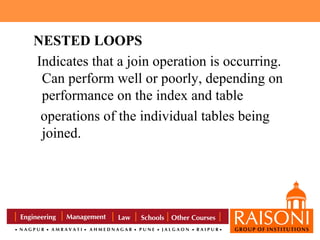 NESTED LOOPS
Indicates that a join operation is occurring.
Can perform well or poorly, depending on
performance on the index and table
operations of the individual tables being
joined.

 