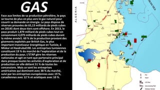 GASFace aux limites de sa production pétrolière, le pays
se tourne de plus en plus vers le gaz naturel pour
couvrir sa demande en énergie. Le pays dispose de
réserves prouvées de 65,13 milliards de pieds cubes
en 20145 dont deux-tiers sont offshore. En 2013, le
pays produit 1,879 milliard de pieds cubes tout en
consommant 4,079 milliards de pieds cubes durant
la même année5. 60 % de la production provient des
gisements exploités par British Gas, le plus
important investisseur énergétique en Tunisie, à
Miskar et Hasdrubal190. Les entreprises tunisiennes
constituent 19 % du marché de l’exploration et de la
production du pays. L’ETAP gère les réserves
nationales et agit en tant que partenaire principal
dans presque toutes les activités d’exploration et de
production car elle détient 51 % de toutes les
concessions. Mais ce sont les entreprises
américaines qui dominent avec 38 % du marché,
suivi par les entreprises européennes avec 19 %,
canadiennes avec 12 % et asiatiques avec 10 %.
 