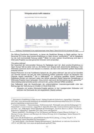 11 
Abbildung 7 Abrufstatistik für den englischsprachigen Artikel "Babur" (Stand 05.06.2014 für die letzten 90 Tage) 
Die Stiftung Preußischer Kulturbesitz, zu denen die Staatlichen Museen zu Berlin gehören, hat im November 2013 eine „Best practice-Empfehlung zu Open Access“ veröffentlicht,37 die für Digitalisate nur die nicht kommerzielle Nutzung zuläßt.38 Bilder mit einer solchen Einschränkung sind aber in Wikimedia-Projekten aus den genannten Gründen nicht verwendbar. 
The yellow milkmaid 
Der Ausschluß der kommerziellen Nutzung für Digitalisate nach der „Best practice-Empfehlung zu Open Access“ läßt es daher nicht zu, die farblich vom Original stark abweichende Abbildung in den Wikimedia Commons durch eine bessere zu ersetzen, die dann eine wesentlich größere Reichweite erreichen könnte. 
Dieses Phänomen ist in der Fachliteratur bekannt als „the yellow milkmaid”, das sich auf ein Gemälde von Vermeer bezieht, bei dem die weite Verbreitung farblich schlechter Kopien die Rezeption des Originals negativ beeinflußte.39 Die in SMB-digital40 zur Verfügung gestellten farblich besseren Digitalisate könnten sich demnach neben den bereits wesentlich besser bekannten Darstellungen in Wikimedia-Projekten kaum behaupten. Hinzu kommt, daß durch die Kennzeichnung als „gemeinfrei“41 diese beliebig weiterverbreitet werden und somit den „yellow milkmaid“-Effekt verstärken. 
Das Fallbeispiel zeigt die Auswirkungen der unterschiedlichen Lizensierungsmodelle unter den Bedingungen der Verbreitung von Inhalten im World Wide Web: 
• Wikipedia und andere Wikimedia-Projekte gehören zu den meistgenutzten Webseiten und befördern die Reichweite der dort abgebildeten Objekte weltweit. 
37 „Best practice-Empfehlung zu Open Access―, Stiftung Preußischer Kulturbesitz, zugegriffen 4. September 2014, http://www.preussischer-kulturbesitz.de/mediathek/dokumente/dokument-detail/news/2013/12/10/best- practice-empfehlung-zu-open-access.html. 
38 „Creative Commons — Namensnennung - Nicht-kommerziell - Weitergabe unter gleichen Bedingungen 3.0 Deutschland―, Creative Commons, zugegriffen 4. September 2014, http://creativecommons.org/licenses/by-nc- sa/3.0/de/.; vgl. „SMB-digital: Online-Datenbank der Sammlungen―, Staatliche Museen zu Berlin - Preußischer Kulturbesitz, zugegriffen 4. September 2014, http://www.smb-digital.de/. 
39 Merete Sanderhoff, „This Belongs to You: On Openness and Sharing at Statens Museum for Kunst―, in Sharing Is Caring: Openness and Sharing in the Cultural Heritage Sector (Copenhagen: Statens Museum for Kunst, 2014), 20–131, http://www.smk.dk/fileadmin/user_upload/Billeder/forsiden/94124_sharing_is_Caring_UK.pdf. S. 74 
40 „SMB-digital: Online-Datenbank der Sammlungen―, -. 
41 vgl. Sabine Buchli, „Zum Beispiel: Moghul-Miniaturmalerei―, Quellenkunde zur indischen Geschichte bis 1858, 8. Juli 2008, http://www.payer.de/quellenkunde/quellen071.htm.  