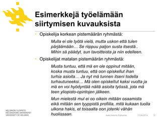 Esimerkkejä työelämään 
siirtymisen kuvauksista 
• Opiskelija korkean pistemäärän ryhmästä: 
Mulla ei ole työtä vielä, mutta uskon että tulen 
pärjäämään… Se riippuu paljon susta itsestä.. 
Mihin sä päädyt, sun tavoitteista ja niin edelleen. 
• Opiskelijat matalan pistemäärän ryhmästä: 
Musta tuntuu, että mä en ole oppinut mitään, 
koska musta tuntuu, että oon opiskellut ihan 
turhia asioita… Ja nyt mä tunnen itseni todella 
turhautuneeksi… Mä olen opiskelIut kaksi vuotta ja 
mä en voi hyödyntää näitä asioita työssä, jota mä 
teen yliopisto-opintojen jälkeen. 
Mun mielestä mul ei oo oikein mitään osaamista 
eikä mitään sen tyyppistä profiilia, mitä kukaan tuolla 
ulkona hakis, et toisaalta oon jotenki vähän 
huolissaan. www.helsinki.fi/yliopisto 
11/24/2014 12 
 