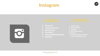 www.marjanousiainen.com
© 2015 FutureMarja
16
Instagram
1.  KonserY
2.  Tuotelanseeraus
3.  Konferenssi
4.  Fes5vaali
5.  AmmaYlaistapahtuma
6.  NäyGely
Tapahtumat	
1.  Markkinoin5
2.  Asiakaspalvelu
3.  Kilpailut
4.  Erikoisalennukset
5.  Myyn5
6.  Tutki hashtagit ja 5lastot->
www.iconosquare.com
Miten	käytät	
 