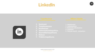 www.marjanousiainen.com
© 2015 FutureMarja
19
LinkedIn
1.  Seminaari
2.  Tuotelanseeraus
3.  Konferenssi
4.  Verkostoitumistapahtua
5.  AmmaYlaistapahtuma
6.  Kokous
7.  Yhdistystapahtuma
Tapahtumat	
1.  Markkinoin5
2.  Asiakaspalaute
3.  Ryhmissä vaikuGaminen
4.  Uu5soin5
5.  Pehmeä myyn5 - auGaminen
Miten	käytät	
 