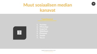 www.marjanousiainen.com
© 2015 FutureMarja
20
Muut sosiaalisen median
kanavat
1.  YouTube
2.  WhatsApp
3.  Snapchat
4.  SlideShare
5.  Pinterest
6.  Tumblr
7.  Tsu.co
Tapahtumat	
 