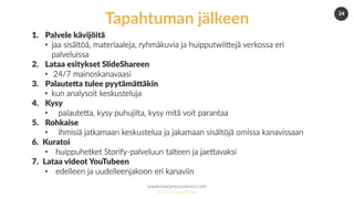 www.marjanousiainen.com
© 2015 FutureMarja
24
1.  Palvele kävijöitä
•  jaa sisältöä, materiaaleja, ryhmäkuvia ja huipputwiiDejä verkossa eri
palveluissa
2.  Lataa esitykset SlideShareen
•  24/7 mainoskanavaasi
3.  PalauteDa tulee pyytämäDäkin
•  kun analysoit keskusteluja
4.  Kysy
•  palauteDa, kysy puhujilta, kysy mitä voit parantaa
5.  Rohkaise
•  ihmisiä jatkamaan keskustelua ja jakamaan sisältöjä omissa kanavissaan
6.  Kuratoi
•  huippuhetket Storify-palveluun talteen ja jaeDavaksi
7.  Lataa videot YouTubeen
•  edelleen ja uudelleenjakoon eri kanaviin
Tapahtuman jälkeen
 