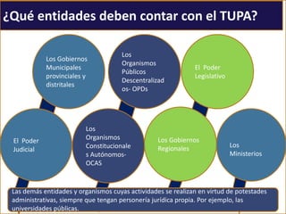 ¿Qué entidades deben contar con el TUPA?
Los Gobiernos
Municipales
provinciales y
distritales
Los
Organismos
Públicos
Descentralizad
os- OPDs
El Poder
Legislativo
El Poder
Judicial
Los Gobiernos
Regionales
Los
Organismos
Constitucionale
s Autónomos-
OCAS
Los
Ministerios
Las demás entidades y organismos cuyas actividades se realizan en virtud de potestades
administrativas, siempre que tengan personería jurídica propia. Por ejemplo, las
universidades públicas.
 
