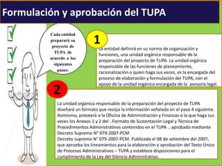 Cada entidad
preparará su
proyecto de
TUPA de
acuerdo a los
siguientes
pasos:
La entidad definirá en su norma de organización y
funciones, una unidad orgánica responsable de la
preparación del proyecto de TUPA. La unidad orgánica
responsable de las funciones de planeamiento,
racionalización o quien haga sus veces, es la encargada del
proceso de elaboración y formulación del TUPA, con el
apoyo de la unidad orgánica encargada de la asesoría legal.
:
La unidad orgánica responsable de la preparación del proyecto de TUPA
diseñará un formato que recoja la información señalada en el paso 4 siguiente.
Asimismo, proveerá a la Oficina de Administración y Finanzas o la que haga sus
veces los Anexos 1 y 2 del ..Formato de Sustentación Legal y Técnica de
Procedimientos Administrativos contenidos en el TUPA .. aprobado mediante
Decreto Supremo N° 079-2007-PCM
Decreto supremo N° 079-2007-PCM. Publicado el 08 de setiembre del 2007,
que aprueba los lineamientos para la elaboración y aprobación del Texto Único
de Procesos Administrativos – TUPA y establece disposiciones para el
cumplimiento de la Ley del Silencio Administrativo.
1
2
Formulación y aprobación del TUPA
 