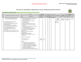 MUNICIPALIDAD DISTRITAL DE PARCOY APROBADO SEGUN ACUERDO DE CONCEJO N° 013-2017-CM,
DE FECHA 01 DE MARZO DE 2017
En % UIT
2017
S/. 4,050.00 Pos Neg (dìas hábiles)
1 ACCESO A LA INFORMACION PUBLICA QUE 1 Solicitud dirigida al Alcalde, la misma que contenga: x 7 días
POSEA O PRODUZCA LA MUNICIPALIDAD ● Nombres y Apellidos completos, numero de SECRETARÍA SECRETARÍA ALCALDE
documento de identidad GENERAL GENERAL
● De ser el caso, denominacion o razón social
● Ley N° 27806 Ley de Transparencia y acceso y numero de RUC Calle San
a la Información Pública Art. 4,5, 11, 13 ● Domicilio del recurrente. Martin N° 126
● Ley N° 27444 y modificatoria ley de procedimientos ● Numero de telefono y/o e-mail de ser el caso.
administrativos General ● Expresion concreta y precisa de la informacion
● Ley N° 27972 Ley Orgánica de Municipalidades solicitada
● D.S. N° 043-2003 PCM, TUO Ley de transparencia ● Indicar el desarrollo en que se desea la informacion
y acceso a la información Art 11, 13, 20 Copia autenticada, simple o CD
● D.S. N° 072-2003 PCM, Reglamento de la ley ● En caso el solicitante conozca la dependencia
de transparencia y acceso a la información que posea la informacion, deberá indicarlo.
pública Art. 5,10 ● Firma del solicitante o huella digital.
● D.L. 1272 - Modif. La ley 27444 y deroga ley N° 29060 2 Copia de DNI
● D.U. Nª 099-2009, establece dias hábiles sab,dom y fer 3 Copia de Carta poder del representante
legal (Notarial)
4 Oficio (para entidades del estado)
5 Recibo de pago por reproducción o copia de la
Informacion
Pago por derecho de trámite
b) Copia Simple (Unidad) 0.0032% 0.13
c) CD (Unidad) 0.1365% 5.53
Nota:
● La liquidación del costo de reproducción que
contiene la información requerida, estará
a disposición del solicitante a partir del sexto día
de presentada la solicitud, luego el solicitante debe
cancelar el monto indicado por la entidad para su
reproduccion correspondiente.
● La solicitud de información que genere una
respuesta que esté contenida en desarrollo magnético o
Unidad de
Trámite
Documentario
INSTANCIA DE RESOLUCIÒN DE
RECURSOS
Nº DENOMINACION En S/.
Automát
ico
Evaluación
Previa
RECONSIDERA
CION
APELACION
TEXTO UNICO DE PROCEDIMIENTOS ADMINISTRATIVOS (TUPA) DE LA MUNICIPALIDAD DISTRITAL DE PARCOY
UNIDAD ORGANICA : SECRETARIA GENERAL
Item DENOMINACION DEL PROCEDIMIENTO Y BASE LEGAL
REQUISITOS
DERECHO DE
TRAMITACION
CALIFICACION
PLAZO PARA
RESOLVER
INICIO DEL
PROCEDIMIENTO
AUTORIDAD
COMPETENTE
PARA RESOLVER
Anexos Alrededor de Parcoy: Pilancon, La Esperanza, Lucumas, Lamas, el Tambo, Cabrillas, Retamas, La Soledad y Llacuabamba.
ANEXOS QUE NO ESTAN EN LA LISTA - CORRESPONDEN A LOS ANEXOS DISTANTES DE PARCOY
 