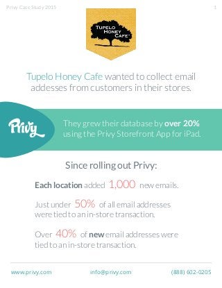 They grew their database by over 20%
using the Privy Storefront App for iPad.
Tupelo Honey Cafe wanted to collect email
addesses from customers in their stores.
Each location added 1,000 new emails.
Just under 50% of all email addresses
were tied to an in-store transaction.
Over 40% of new email addresses were
tied to an in-store transaction.
Since rolling out Privy:
www.privy.com info@privy.com (888) 602-0205
1Privy Case Study 2015
 
