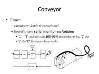 Conveyor
• เป้ าหมาย
– ควบคุมสายพานด้วยคาสั่งจากคอมพิวเตอร์
– ป้ อนคาสั่งผ่านทาง serial monitor ของ Arduino
• ‘1’ - ‘9’ หมุนด้วยความเร็ว 10%-90% ของความเร็วสูงสุด ป้ อน ‘0’ หยุด
• ‘c’ หรือ ‘C’ เลือกหมุนตามเข็มและทวนเข็ม
 