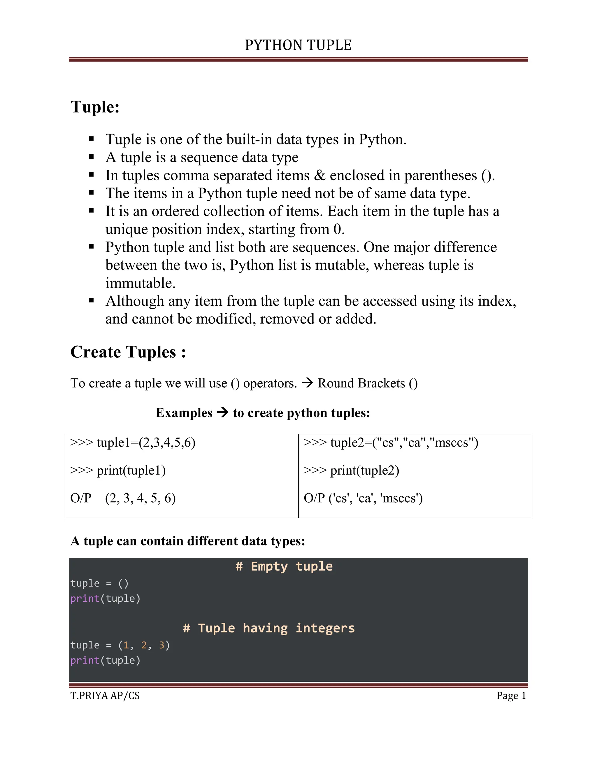 Python Tuple.pdf | Programming Languages | Computing