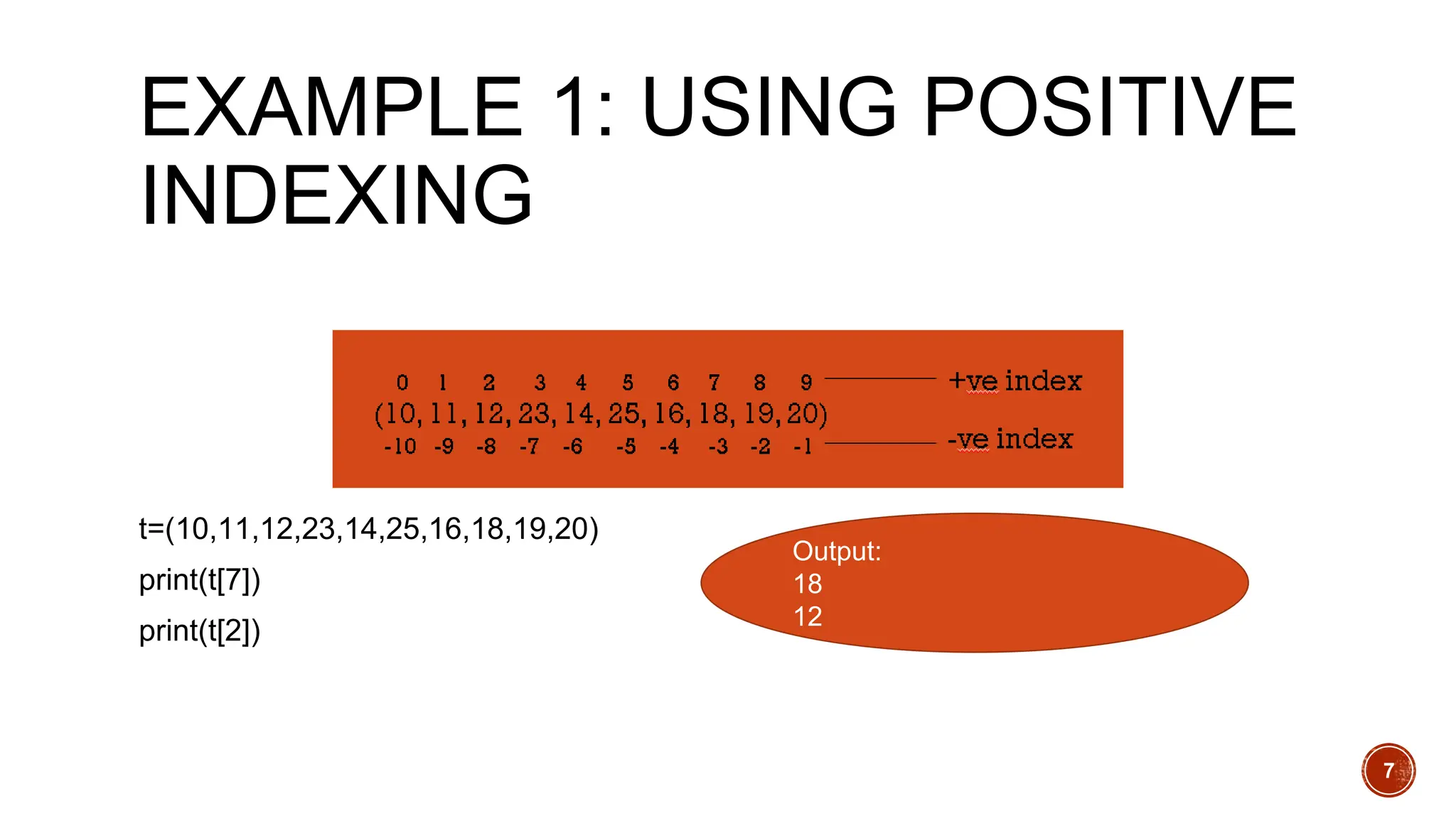 EXAMPLE 1: USING POSITIVE
INDEXING
t=(10,11,12,23,14,25,16,18,19,20)
print(t[7])
print(t[2])
Output:
18
12
7
 