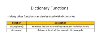 Dictionary Functions
• Many other functions can also be used with dictionaries
Function Description
dic.popitem() Removes the last inserted key-value pair in dictionary dic
dic.values() Returns a list of all the values in dictionary dic
 