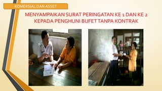 MENYAMPAIKAN SURAT PERINGATAN KE 1 DAN KE 2
KEPADA PENGHUNI BUFETTANPA KONTRAK
KOMERSIAL DAN ASSET
 