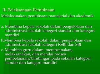 II. Pelaksanaan PembinaanII. Pelaksanaan Pembinaan
Melaksanakan pembinaan manajerial dan akademikMelaksanakan pembinaan manajerial dan akademik
a. Membina kepala sekolah dalam pengelolaan dana. Membina kepala sekolah dalam pengelolaan dan
administrasi sekolah kategori standar dan kategoriadministrasi sekolah kategori standar dan kategori
mandirimandiri
b.Membina kepala sekolah dalam pengelolaan danb.Membina kepala sekolah dalam pengelolaan dan
administrasi sekolah kategori RSBI dan SBIadministrasi sekolah kategori RSBI dan SBI
c. Membina guru dalam merencanakan,c. Membina guru dalam merencanakan,
melaksanakan, dan menilai prosesmelaksanakan, dan menilai proses
pembelajaran/bimbingan pada sekolah kategoripembelajaran/bimbingan pada sekolah kategori
standar dan kategori mandiristandar dan kategori mandiri
 