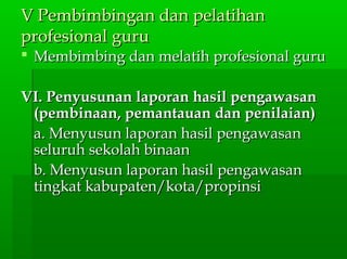 V Pembimbingan dan pelatihanV Pembimbingan dan pelatihan
profesional guruprofesional guru
 Membimbing dan melatih profesional guruMembimbing dan melatih profesional guru
VI. Penyusunan laporan hasil pengawasanVI. Penyusunan laporan hasil pengawasan
(pembinaan, pemantauan dan penilaian)(pembinaan, pemantauan dan penilaian)
a. Menyusun laporan hasil pengawasana. Menyusun laporan hasil pengawasan
seluruh sekolah binaanseluruh sekolah binaan
b. Menyusun laporan hasil pengawasanb. Menyusun laporan hasil pengawasan
tingkat kabupaten/kota/propinsitingkat kabupaten/kota/propinsi
 