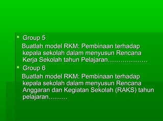  Group 5Group 5
Buatlah model RKM: Pembinaan terhadapBuatlah model RKM: Pembinaan terhadap
kepala sekolah dalam menyusun Rencanakepala sekolah dalam menyusun Rencana
Kerja Sekolah tahun Pelajaran……………….Kerja Sekolah tahun Pelajaran……………….
 Group 6Group 6
Buatlah model RKM: Pembinaan terhadapBuatlah model RKM: Pembinaan terhadap
kepala sekolah dalam menyusun Rencanakepala sekolah dalam menyusun Rencana
Anggaran dan Kegiatan Sekolah (RAKS) tahunAnggaran dan Kegiatan Sekolah (RAKS) tahun
pelajaran………pelajaran………
 