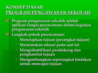 KONSEP DASARKONSEP DASAR
PROGRAM PENGAWASAN SEKOLAHPROGRAM PENGAWASAN SEKOLAH
Program pengawasan sekolah adalahProgram pengawasan sekolah adalah
aplikasi fungsi perencanaan dalam kegiatanaplikasi fungsi perencanaan dalam kegiatan
pengawasan sekolahpengawasan sekolah
Langkah pokok perencanaan:Langkah pokok perencanaan:
1.1. Menetapkan tujuan (perangkat tujuan)Menetapkan tujuan (perangkat tujuan)
2.2. Menentukan situasi pada saat iniMenentukan situasi pada saat ini
3.3. Mengidentifikasi pendukung danMengidentifikasi pendukung dan
penghambat tujuanpenghambat tujuan
4.4. Mengembangkan seperangkat tindakanMengembangkan seperangkat tindakan
untuk mencapai tujuanuntuk mencapai tujuan..
 
