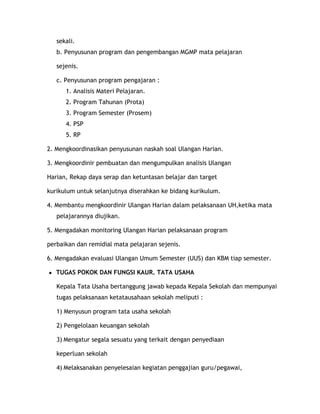 sekali.
    b. Penyusunan program dan pengembangan MGMP mata pelajaran

    sejenis.

    c. Penyusunan program pengajaran :
       1. Analisis Materi Pelajaran.
       2. Program Tahunan (Prota)
       3. Program Semester (Prosem)
       4. PSP
       5. RP

2. Mengkoordinasikan penyusunan naskah soal Ulangan Harian.

3. Mengkoordinir pembuatan dan mengumpulkan analisis Ulangan

Harian, Rekap daya serap dan ketuntasan belajar dan target

kurikulum untuk selanjutnya diserahkan ke bidang kurikulum.

4. Membantu mengkoordinir Ulangan Harian dalam pelaksanaan UH,ketika mata
    pelajarannya diujikan.

5. Mengadakan monitoring Ulangan Harian pelaksanaan program

perbaikan dan remidial mata pelajaran sejenis.

6. Mengadakan evaluasi Ulangan Umum Semester (UUS) dan KBM tiap semester.

●   TUGAS POKOK DAN FUNGSI KAUR. TATA USAHA

    Kepala Tata Usaha bertanggung jawab kepada Kepala Sekolah dan mempunyai
    tugas pelaksanaan ketatausahaan sekolah meliputi :

    1) Menyusun program tata usaha sekolah

    2) Pengelolaan keuangan sekolah

    3) Mengatur segala sesuatu yang terkait dengan penyediaan

    keperluan sekolah

    4) Melaksanakan penyelesaian kegiatan penggajian guru/pegawai,
 