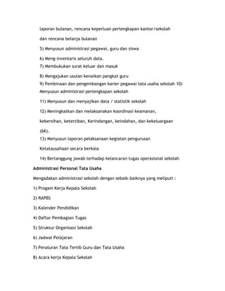 laporan bulanan, rencana keperluan perlengkapan kantor/sekolah

   dan rencana belanja bulanan

   5) Menyusun administrasi pegawai, guru dan siswa

   6) Meng-inventaris seluruh data.
   7) Membukukan surat keluar dan masuk

   8) Mengajukan usulan kenaikan pangkat guru
   9) Pembinaan dan pengembangan karier pegawai tata usaha sekolah 10)
   Menyusun administrasi perlengkapan sekolah

   11) Menyusun dan menyajikan data / statistik sekolah

   12) Meningkatkan dan melaksanakan koordinasi keamanan,

   kebersihan, ketertiban, Kerindangan, keindahan, dan kekeluargaan

   (6K).
   13) Menyusun laporan pelaksanaan kegiatan pengurusan

   Ketatausahaan secara berkala

   14) Bertanggung jawab terhadap kelancaran tugas operasional sekolah

Administrasi Personal Tata Usaha

Mengadakan administrasi sekolah dengan sebaik-baiknya yang meliputi :

1) Progam Kerja Kepala Sekolah

2) RAPBS

3) Kalender Pendidikan

4) Daftar Pembagian Tugas

5) Struktur Organisasi Sekolah

6) Jadwal Pelajaran

7) Peraturan Tata Tertib Guru dan Tata Usaha

8) Acara kerja Kepala Sekolah
 