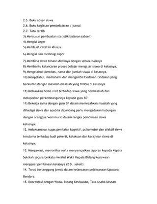 2.5. Buku absen siswa
2.6. Buku kegiatan pembelajaran / jurnal
2.7. Tata tertib
3) Menyusun pembuatan statistik bulanan (absen)
4) Mengisi Leger
5) Membuat catatan khusus

6) Mengisi dan membagi rapor

7) Membina siswa binaan didiknya dengan sebaik-baiknya
8) Membantu kelancaran proses belajar mengajar siswa di kelasnya.
9) Mengetahui identitas, nama dan jumlah siswa di kelasnya.
10) Mengetahui, memahami dan mengambil tindakan-tindakan yang

berkaitan dengan masalah-masalah yang timbul di kelasnya.

11) Melakukan home visit terhadap siswa yang bermasalah dan

melaporkan perkembangannya kepada guru BP.
11) Bekerja sama dengan guru BP dalam memecahkan masalah yang

dihadapi siswa dan apabila dipandang perlu mengadakan hubungan

dengan orangtua/wali murid dalam rangka pembinaan siswa

kelasnya.
12. Melaksanakan tugas penilaian kognitif, psikomotor dan afektif siswa

terutama terhadap budi pekerti, kelakuan dan kerajinan siswa di

kelasnya.

13. Mengawasi, memonitor serta menyampaikan laporan kepada Kepala

Sekolah secara berkala melalui Wakil Kepala Bidang Kesiswaan

mengenai pembinaan kelasnya (2 bl. sekali).
14. Turut bertanggung jawab dalam kelancaran pelaksanaan Upacara

Bendera.
15. Koordinasi dengan Waka. Bidang Kesiswaan, Tata Usaha Urusan
 