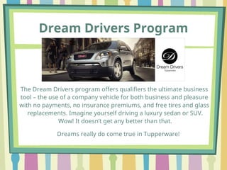 Dream Drivers Program
The Dream Drivers program offers qualifiers the ultimate business
tool – the use of a company vehicle for both business and pleasure
with no payments, no insurance premiums, and free tires and glass
replacements. Imagine yourself driving a luxury sedan or SUV.
Wow! It doesn’t get any better than that.
Dreams really do come true in Tupperware!
 