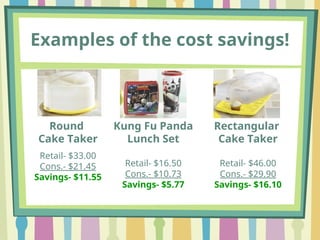Examples of the cost savings!
Rectangular
Cake Taker
Retail- $46.00
Cons.- $29.90
Savings- $16.10
Kung Fu Panda
Lunch Set
Retail- $16.50
Cons.- $10.73
Savings- $5.77
Round
Cake Taker
Retail- $33.00
Cons.- $21.45
Savings- $11.55
 