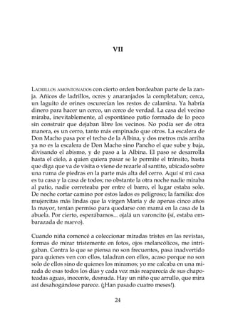 VII




Ladrillos amontonados con cierto orden bordeaban parte de la zan-
ja. Añicos de ladrillos, ocres y anaranjados la completaban; cerca,
un laguito de orines oscurecían los restos de calamina. Ya habría
dinero para hacer un cerco, un cerco de verdad. La casa del vecino
miraba, inevitablemente, al espontáneo patio formado de lo poco
sin construir que dejaban libre los vecinos. No podía ser de otra
manera, es un cerro, tanto más empinado que otros. La escalera de
Don Macho pasa por el techo de la Albina, y dos metros más arriba
ya no es la escalera de Don Macho sino Pancho el que sube y baja,
divisando el abismo, y de paso a la Albina. El paso se desarrolla
hasta el cielo, a quien quiera pasar se le permite el tránsito, basta
que diga que va de visita o viene de rezarle al santito, ubicado sobre
una ruma de piedras en la parte más alta del cerro. Aquí sí mi casa
es tu casa y la casa de todos; no obstante la otra noche nadie miraba
al patio, nadie correteaba por entre el barro, el lugar estaba solo.
De noche cortar camino por estos lados es peligroso; la familia: dos
mujercitas más lindas que la virgen María y de apenas cinco años
la mayor, tenían permiso para quedarse con mamá en la casa de la
abuela. Por cierto, esperábamos... ojalá un varoncito (sí, estaba em-
barazada de nuevo).

Cuando niña comencé a coleccionar miradas tristes en las revistas,
formas de mirar tristemente en fotos, ojos melancólicos, me intri-
gaban. Contra lo que se piensa no son frecuentes, pasa inadvertido
para quienes ven con ellos, taladran con ellos, acaso porque no son
solo de ellos sino de quienes los miramos; yo me calcaba en una mi-
rada de esas todos los días y cada vez más reaparecía de sus chapo-
teadas aguas, inocente, desnuda. Hay un niño que arrullo, que mira
así desahogándose parece. (¡Han pasado cuatro meses!).

                                 24
 