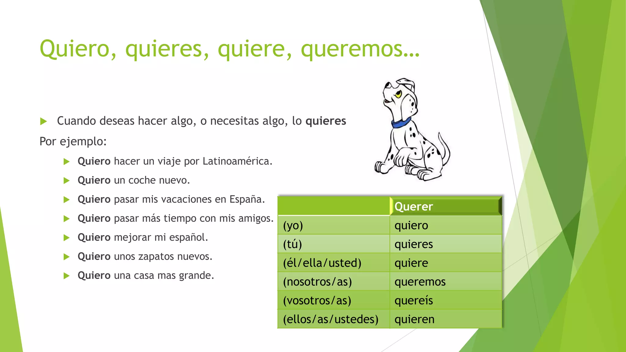 Quiero, quieres, quiere, queremos…
 Cuando deseas hacer algo, o necesitas algo, lo quieres
Por ejemplo:
 Quiero hacer un viaje por Latinoamérica.
 Quiero un coche nuevo.
 Quiero pasar mis vacaciones en España.
 Quiero pasar más tiempo con mis amigos.
 Quiero mejorar mi español.
 Quiero unos zapatos nuevos.
 Quiero una casa mas grande.
Querer
(yo) quiero
(tú) quieres
(él/ella/usted) quiere
(nosotros/as) queremos
(vosotros/as) quereís
(ellos/as/ustedes) quieren
 