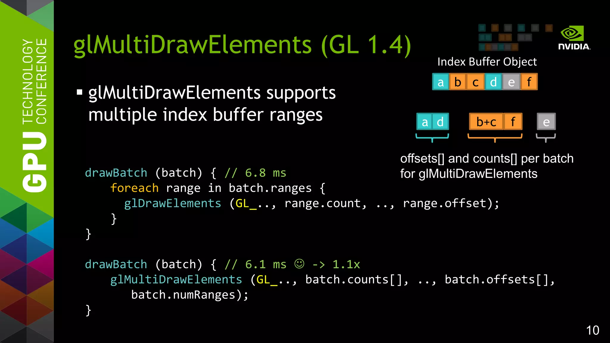 10
drawBatch (batch) { // 6.8 ms
foreach range in batch.ranges {
glDrawElements (GL_.., range.count, .., range.offset);
}
}
drawBatch (batch) { // 6.1 ms  -> 1.1x
glMultiDrawElements (GL_.., batch.counts[], .., batch.offsets[],
batch.numRanges);
}
 glMultiDrawElements supports
multiple index buffer ranges
glMultiDrawElements (GL 1.4)
a b c d e f
a b+c fd e
offsets[] and counts[] per batch
for glMultiDrawElements
Index Buffer Object
 