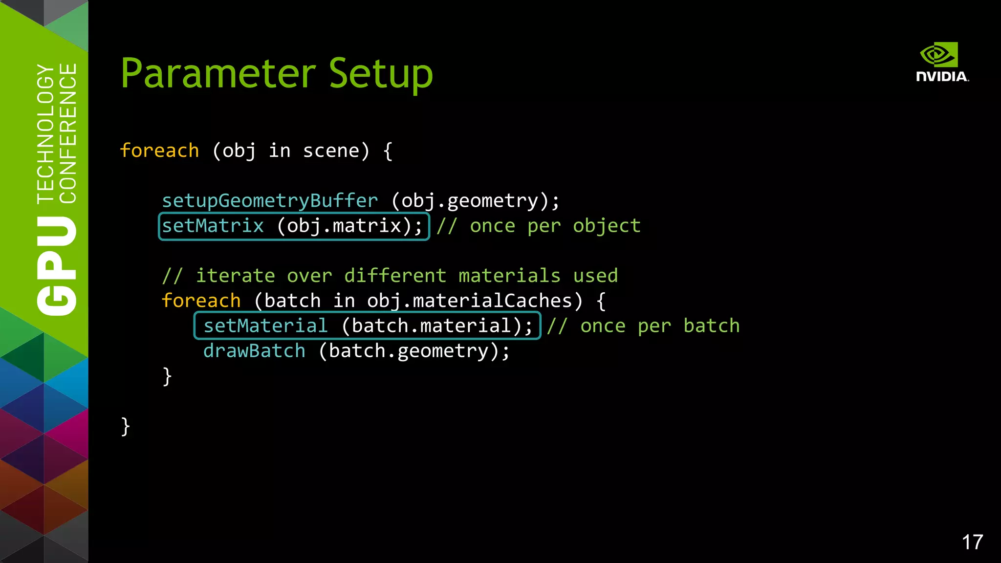 17
foreach (obj in scene) {
setupGeometryBuffer (obj.geometry);
setMatrix (obj.matrix); // once per object
// iterate over different materials used
foreach (batch in obj.materialCaches) {
setMaterial (batch.material); // once per batch
drawBatch (batch.geometry);
}
}
Parameter Setup
 