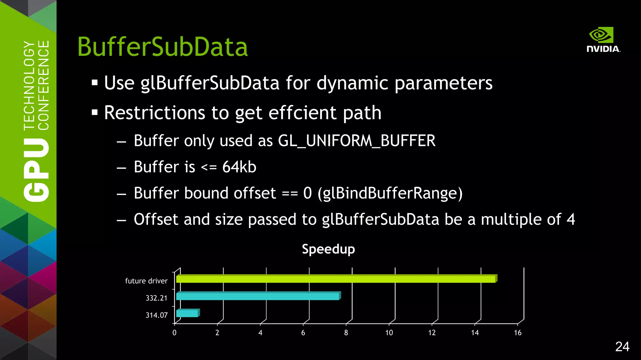 24
 Use glBufferSubData for dynamic parameters
 Restrictions to get effcient path
– Buffer only used as GL_UNIFORM_BUFFER
– Buffer is <= 64kb
– Buffer bound offset == 0 (glBindBufferRange)
– Offset and size passed to glBufferSubData be a multiple of 4
BufferSubData
0 2 4 6 8 10 12 14 16
314.07
332.21
future driver
Speedup
 