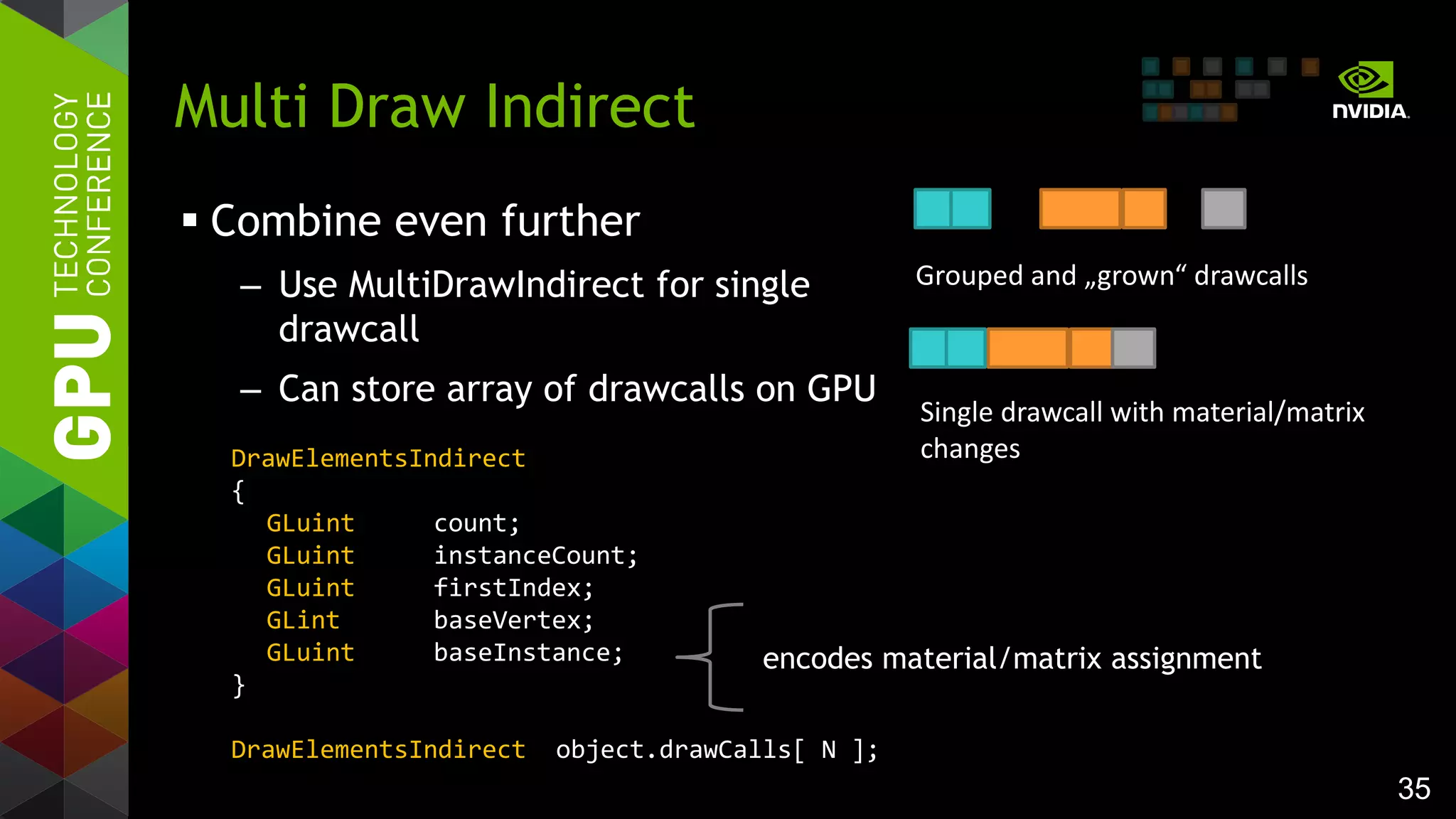 35
 Combine even further
– Use MultiDrawIndirect for single
drawcall
– Can store array of drawcalls on GPU
Multi Draw Indirect
Grouped and „grown“ drawcalls
Single drawcall with material/matrix
changesDrawElementsIndirect
{
GLuint count;
GLuint instanceCount;
GLuint firstIndex;
GLint baseVertex;
GLuint baseInstance;
}
DrawElementsIndirect object.drawCalls[ N ];
encodes material/matrix assignment
 