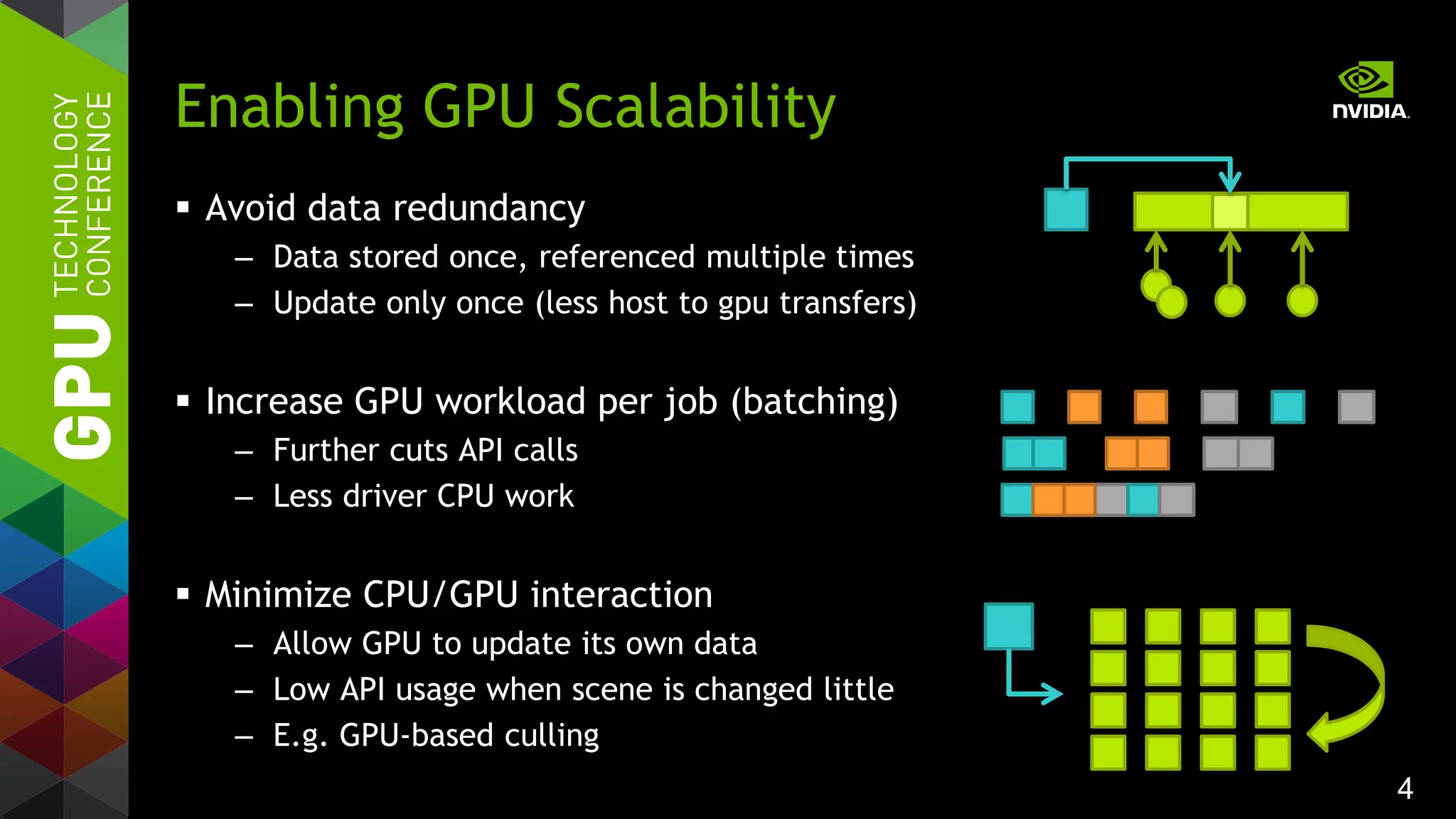 4
 Avoid data redundancy
– Data stored once, referenced multiple times
– Update only once (less host to gpu transfers)
 Increase GPU workload per job (batching)
– Further cuts API calls
– Less driver CPU work
 Minimize CPU/GPU interaction
– Allow GPU to update its own data
– Low API usage when scene is changed little
– E.g. GPU-based culling
Enabling GPU Scalability
 