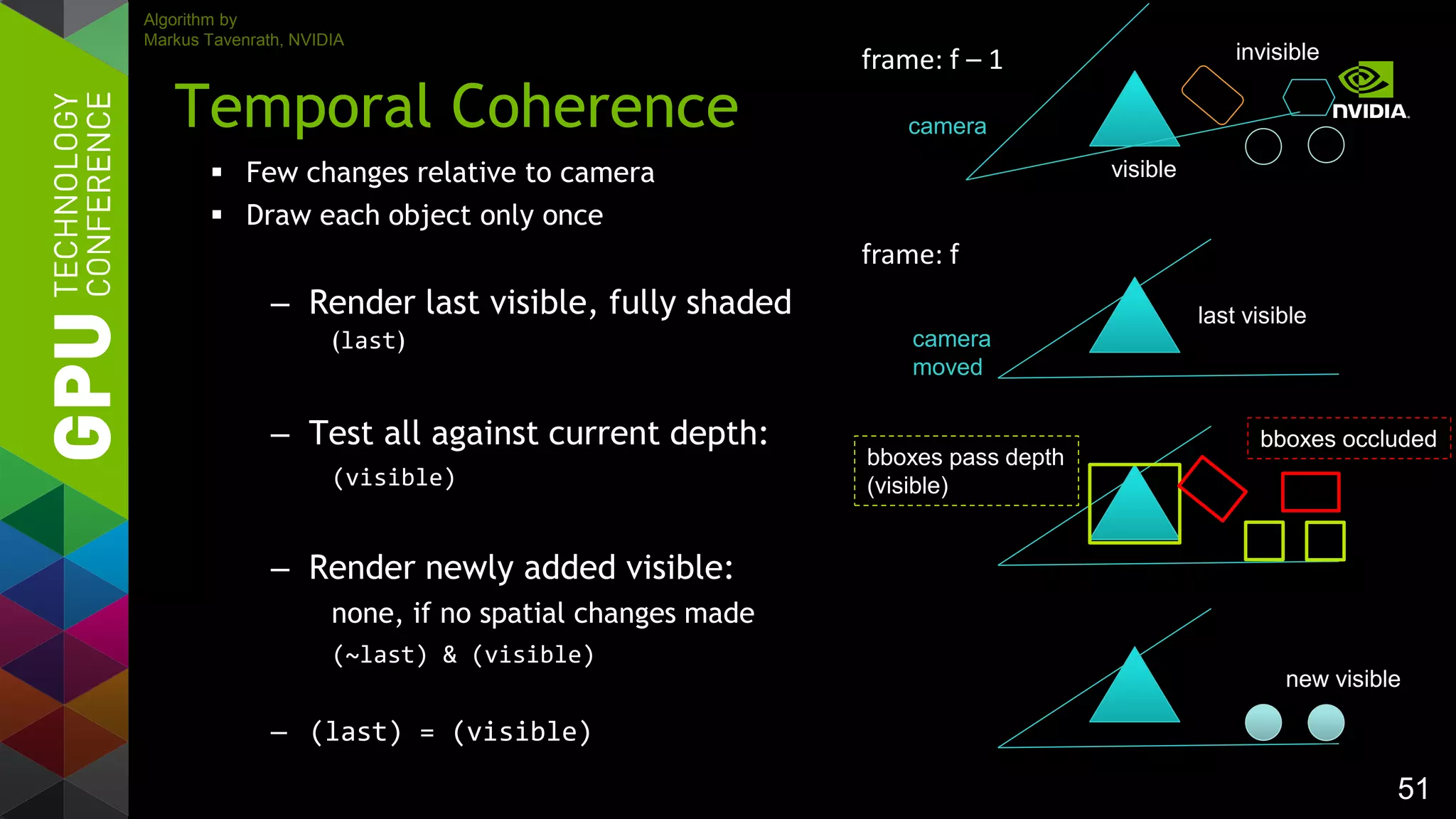 51
 Few changes relative to camera
 Draw each object only once
– Render last visible, fully shaded
(last)
– Test all against current depth:
(visible)
– Render newly added visible:
none, if no spatial changes made
(~last) & (visible)
– (last) = (visible)
Temporal Coherence
frame: f – 1
frame: f
last visible
bboxes occluded
bboxes pass depth
(visible)
new visible
invisible
visible
camera
camera
moved
Algorithm by
Markus Tavenrath, NVIDIA
 