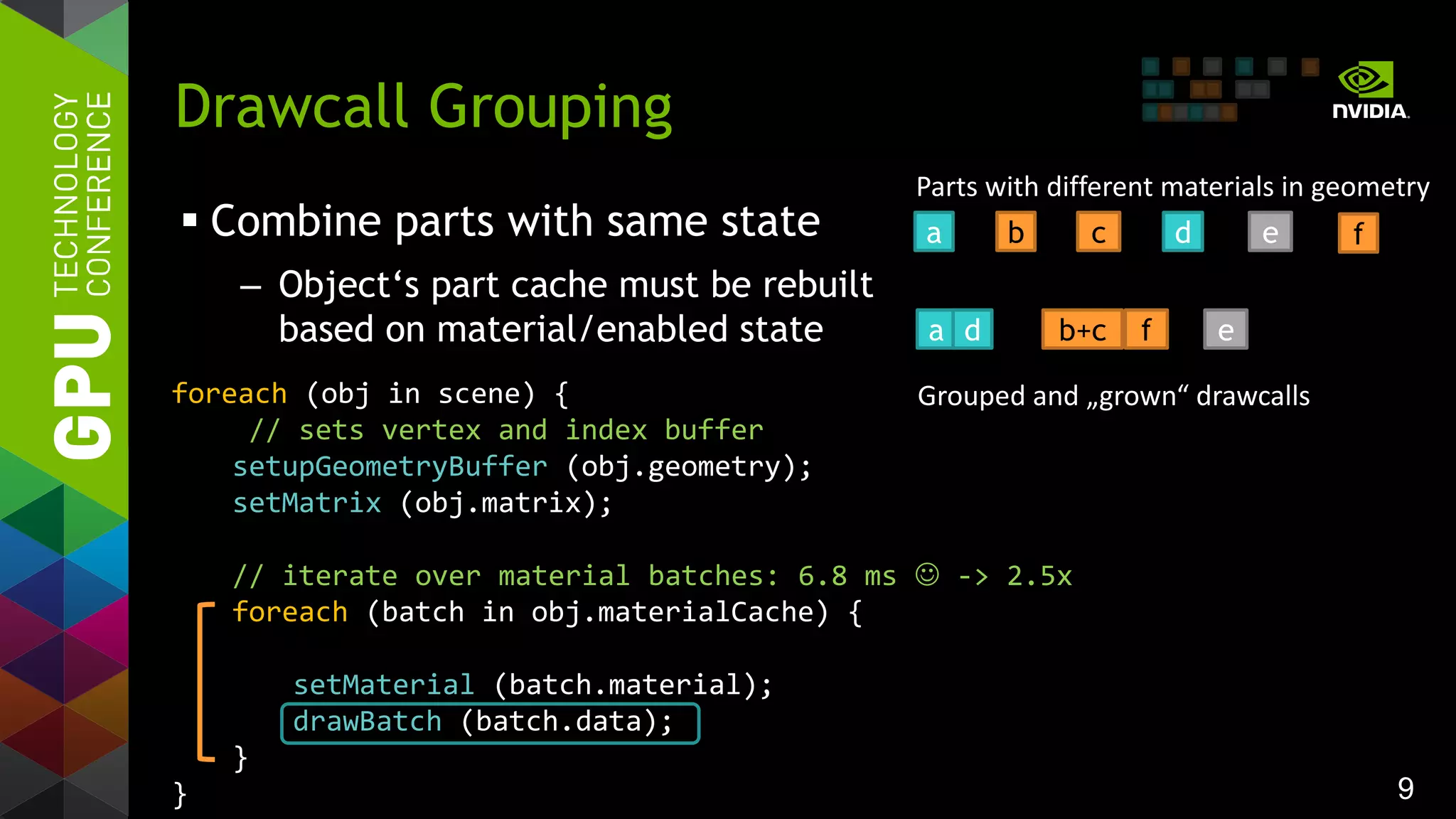 9
 Combine parts with same state
– Object‘s part cache must be rebuilt
based on material/enabled state
Drawcall Grouping
a b c d e f
a b+c fd e
Parts with different materials in geometry
Grouped and „grown“ drawcallsforeach (obj in scene) {
// sets vertex and index buffer
setupGeometryBuffer (obj.geometry);
setMatrix (obj.matrix);
// iterate over material batches: 6.8 ms  -> 2.5x
foreach (batch in obj.materialCache) {
setMaterial (batch.material);
drawBatch (batch.data);
}
}
 