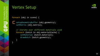 11
foreach (obj in scene) {
setupGeometryBuffer (obj.geometry);
setMatrix (obj.matrix);
// iterate over different materials used
foreach (batch in obj.materialCache) {
setMaterial (batch.material);
drawBatch (batch.geometry);
}
}
Vertex Setup
 