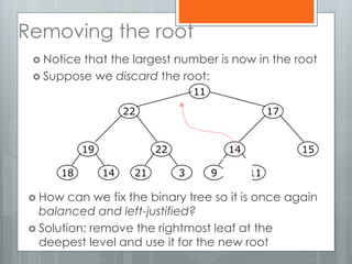 Removing the root
 Notice that the largest number is now in the root
 Suppose we discard the root:
 How can we fix the binary tree so it is once again
balanced and left-justified?
 Solution: remove the rightmost leaf at the
deepest level and use it for the new root
19
1418
22
321
14
119
15
1722
11
 