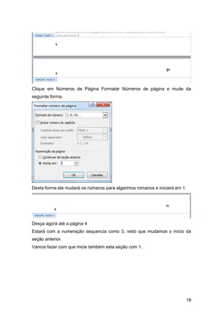 Clique em Números de Página Formatar Números de página e mude da
seguinte forma.




Desta forma ele mudará os números para algarimos romanos e iniciará em 1.




Desça agora até a página 4
Estará com a numeração sequencia como 3, visto que mudamos o início da
seção anterior.
Vamos fazer com que inicie também esta seção com 1.




                                                                        18
 