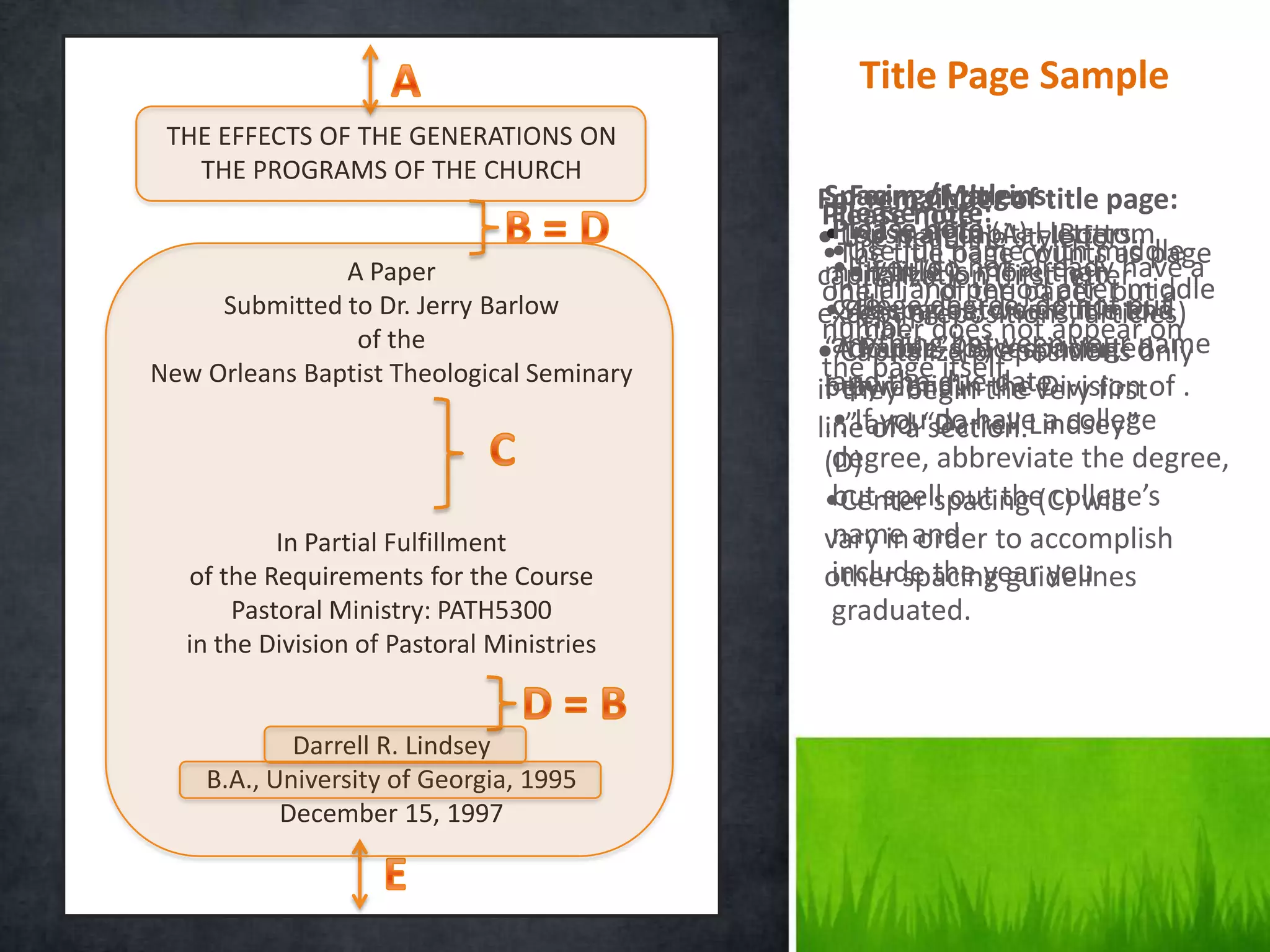 Title Page Sample
 THE EFFECTS OF THE GENERATIONS ON
   THE PROGRAMS OF THE CHURCH
                                             Spacing/Margins:
                                                Form of title:
                                            For remainder of title page:
                                              Please note:
                                             Please note:
                                              Please all capital Bottom
                                                •Use note:
                                             •Top margin (A) =letters.
                                            ••Usetitle namecounts as page
                                               Use headline style for
                                             •The full page already have a
                                                                 with middle
               A Paper                       margin (E) not than
                                              •If you do more letter
                                                •If title is (first
                                            capitalization paper, but a
     Submitted to Dr. Jerry Barlow           one (“i”)degree, do not middle
                                              initial and period after
                                              college of the            put
                                            except prepositions,it intoon
                                             •Spacing between title and
                                                48 spaces, divide articles)
                                              initial. does not appear
                                             number between your name
                                                                          a
                of the                      •anythingitself. spacing only
                                             “Adouble-spaced inverted
                                                 Paper” (B) =
                                               Capitalize prepositions
New Orleans Baptist Theological Seminary     the page due date.
                                            ifand the “in the very firstof .
                                             between
                                               they begin the Division
                                                pyramid.
                                             .• Ifof a section. a college
                                               .” you do have
                                            line and “Darrell Lindsey”
                                              degree, abbreviate the degree,
                                             (D)
                                              but spell out the college’s
                                             •Center spacing (C) will
            In Partial Fulfillment           vary in and to accomplish
                                              name order
   of the Requirements for the Course         include the year you
                                             other spacing guidelines
        Pastoral Ministry: PATH5300           graduated.
   in the Division of Pastoral Ministries


            Darrell R. Lindsey
    B.A., University of Georgia, 1995
           December 15, 1997
 
