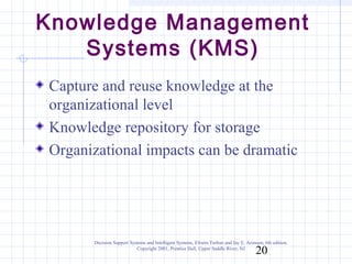 Knowledge Management
   Systems (KMS)
Capture and reuse knowledge at the
organizational level
Knowledge repository for storage
Organizational impacts can be dramatic




      Decision Support Systems and Intelligent Systems, Efraim Turban and Jay E. Aronson, 6th edition.
                          Copyright 2001, Prentice Hall, Upper Saddle River, NJ
                                                                                      20
 