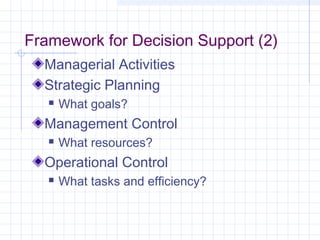 Framework for Decision Support (2)
  Managerial Activities
  Strategic Planning
      What goals?
  Management Control
      What resources?
  Operational Control
      What tasks and efficiency?
 