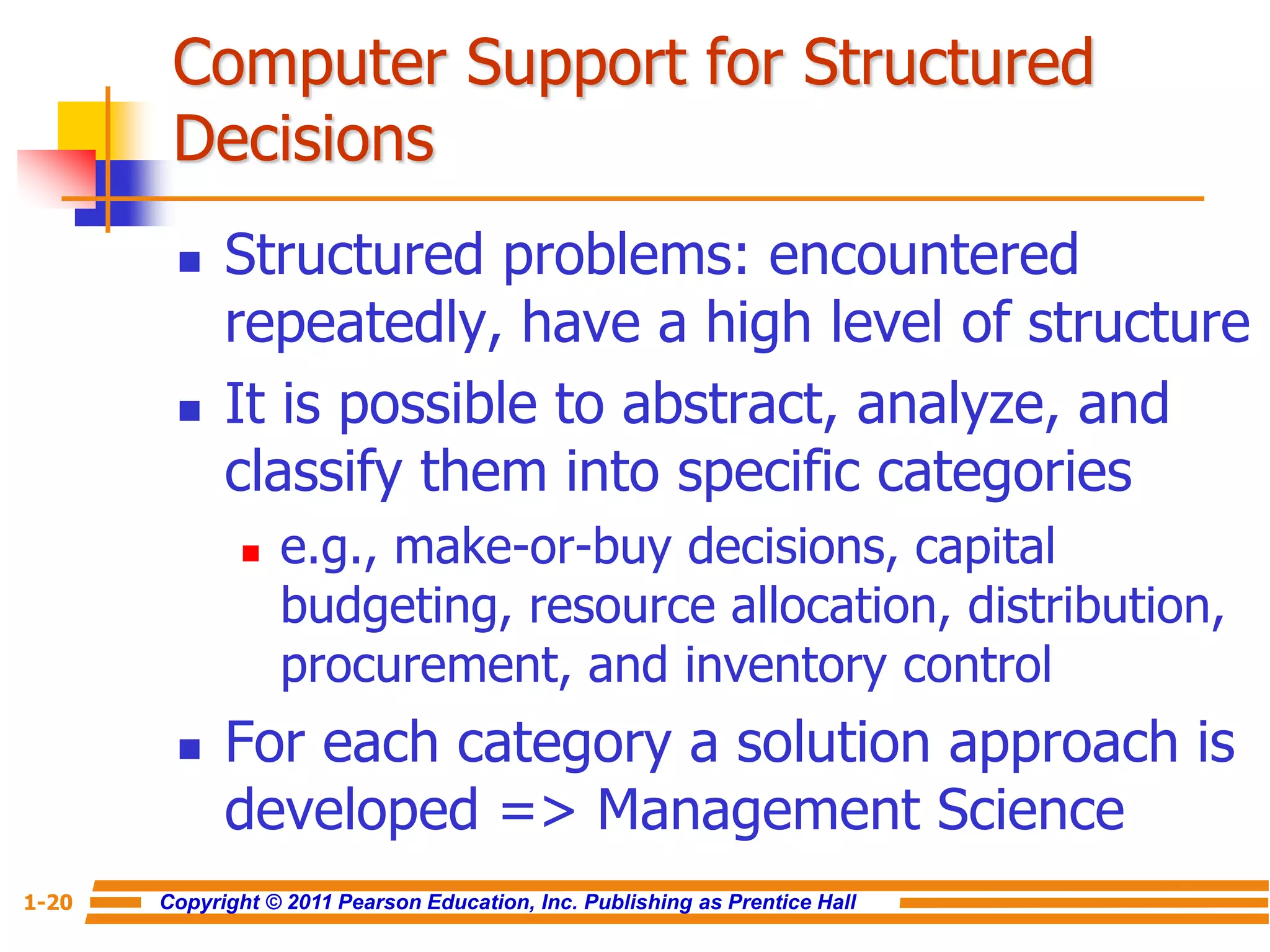 Copyright © 2011 Pearson Education, Inc. Publishing as Prentice Hall
1-20
Computer Support for Structured
Decisions
 Structured problems: encountered
repeatedly, have a high level of structure
 It is possible to abstract, analyze, and
classify them into specific categories
 e.g., make-or-buy decisions, capital
budgeting, resource allocation, distribution,
procurement, and inventory control
 For each category a solution approach is
developed => Management Science
 