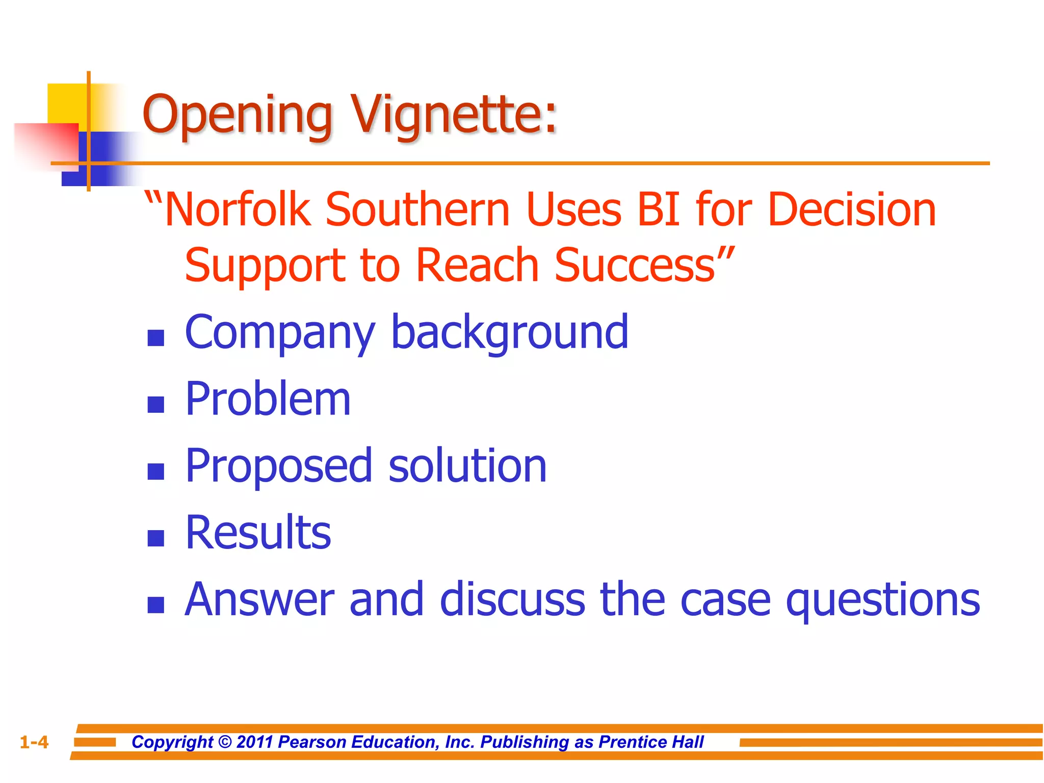 Copyright © 2011 Pearson Education, Inc. Publishing as Prentice Hall
1-4
Opening Vignette:
“Norfolk Southern Uses BI for Decision
Support to Reach Success”
 Company background
 Problem
 Proposed solution
 Results
 Answer and discuss the case questions
 