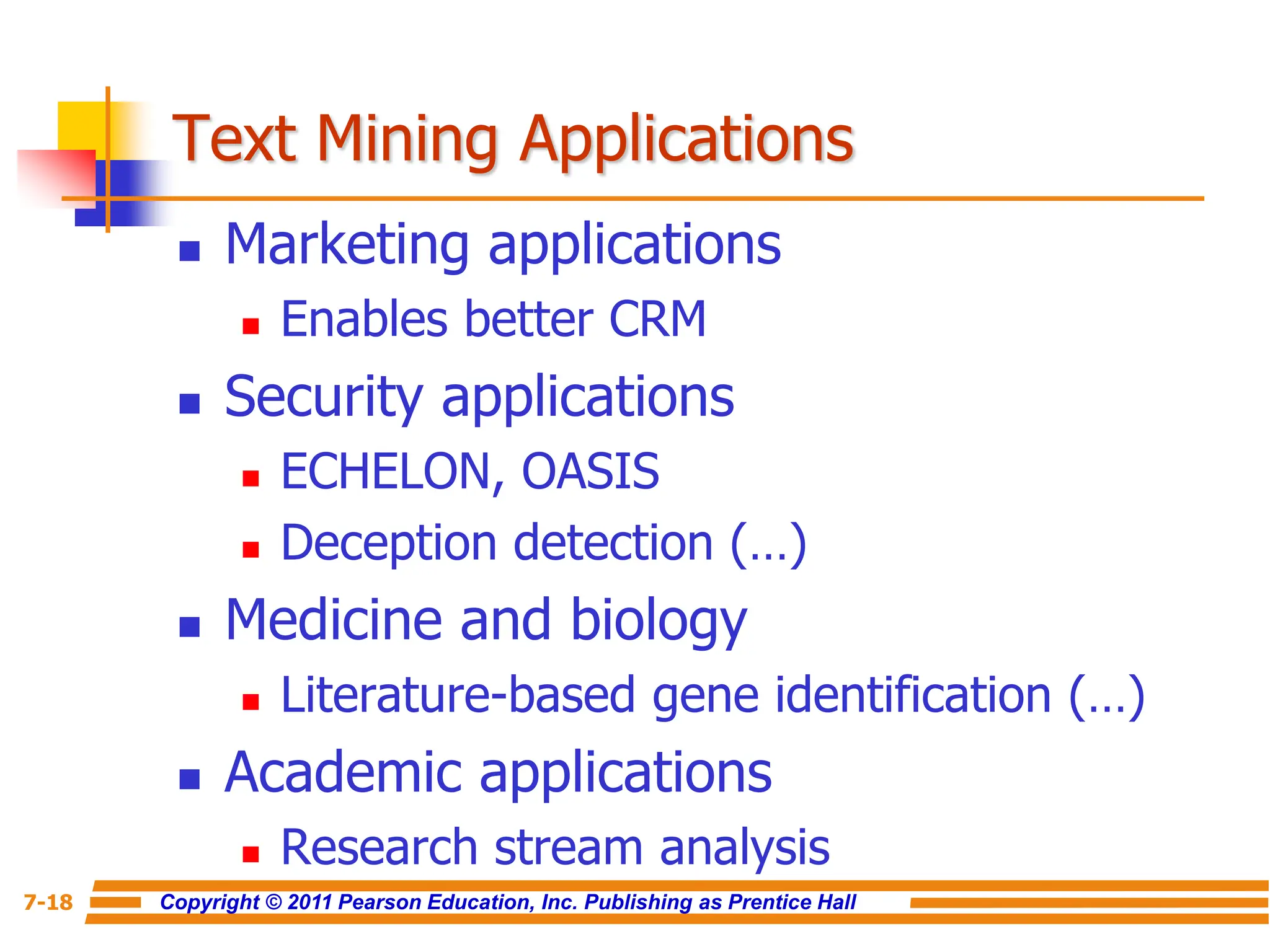 Copyright © 2011 Pearson Education, Inc. Publishing as Prentice Hall
7-18
Text Mining Applications
 Marketing applications
 Enables better CRM
 Security applications
 ECHELON, OASIS
 Deception detection (…)
 Medicine and biology
 Literature-based gene identification (…)
 Academic applications
 Research stream analysis
 