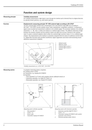 Turbimax W CUS31
2 Endress+Hauser
Function and system design
Measuring principle Turbidity measurement
For turbidity measurement a light beam is sent through the medium and is diverted from its original direction
by optically denser particels, e.g. solid matter particles.
Function Nephelometric measuring principle 90° NIR scattered light according to EN 27027
The 90° scattered light method with a wavelength in the near-infrared range (880 nm) according to
ISO 7027 / EN 27027 records turbidity values under standardized, comparable conditions. A temperature
signal is also recorded and transmitted in addition to the turbidity signal. The excitation radiation of an infrared
transmitter (→ å , item 1) strikes the medium at a defined angle of beam. The different refractions of light
between the entrance window and the medium (water) are taken into account. Particles in the medium
(item 5) create a scattered radiation which strikes the scattered light receivers (items 3, 4) at a defined angle
of beam. The measurement in the medium is constantly compared with the values of a reference receiver (item
2). Digital filter functions with excellent interference signal suppression and sensor self-monitoring ensure
additional measurement reliability.
Measuring system A complete measuring system comprises:
• Turbidity sensor CUS31
• Transmitter, e.g. Liquisys M CUM253
• Assembly:
– Flow assembly E or S (each with installed, factory calibrated sensor) or
– Immersion assembly, e.g. Dipfit W CYA611 or
– Retractable assembly, e.g. Cleanfit W CUA451
a0008443
Turbidity measurement acc. to ISO 7027 / EN 27027
1
2
3
4
5
Infrared sender
Reference diode
Scattered light receiver 1
Scattered light receiver 2
Particle
90 °
2 3 4
5
1
a0008114
Measuring system with flow assembly
1 Flow assembly S
2 CUS31-**S
3 Sensor cable
4 Transmitter Liquisys M CUM253
a0008115
Measuring system with immersion assembly
1 Immersion assembly Dipfit W CYA611
2 CUS31-**A
3 Transmitter Liquisys M CUM253 (with weather
protection cover CYY101)
4 Universal assembly holder CYH101
NTU
R262
0.127
FNU
12.3 C
1
2 3
4
1
2
3
4
 