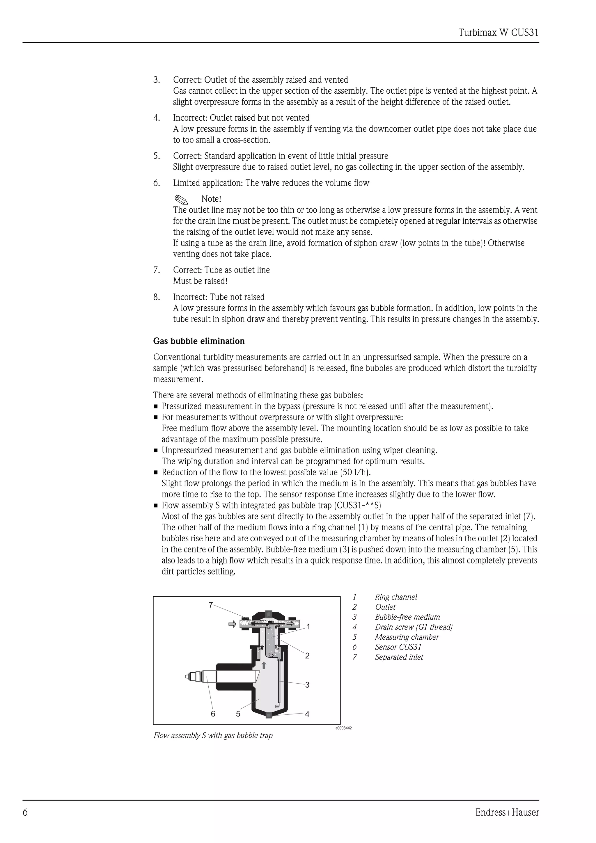 Turbimax W CUS31
6 Endress+Hauser
3. Correct: Outlet of the assembly raised and vented
Gas cannot collect in the upper section of the assembly. The outlet pipe is vented at the highest point. A
slight overpressure forms in the assembly as a result of the height difference of the raised outlet.
4. Incorrect: Outlet raised but not vented
A low pressure forms in the assembly if venting via the downcomer outlet pipe does not take place due
to too small a cross-section.
5. Correct: Standard application in event of little initial pressure
Slight overpressure due to raised outlet level, no gas collecting in the upper section of the assembly.
6. Limited application: The valve reduces the volume flow
! Note!
The outlet line may not be too thin or too long as otherwise a low pressure forms in the assembly. A vent
for the drain line must be present. The outlet must be completely opened at regular intervals as otherwise
the raising of the outlet level would not make any sense.
If using a tube as the drain line, avoid formation of siphon draw (low points in the tube)! Otherwise
venting does not take place.
7. Correct: Tube as outlet line
Must be raised!
8. Incorrect: Tube not raised
A low pressure forms in the assembly which favours gas bubble formation. In addition, low points in the
tube result in siphon draw and thereby prevent venting. This results in pressure changes in the assembly.
Gas bubble elimination
Conventional turbidity measurements are carried out in an unpressurised sample. When the pressure on a
sample (which was pressurised beforehand) is released, fine bubbles are produced which distort the turbidity
measurement.
There are several methods of eliminating these gas bubbles:
• Pressurized measurement in the bypass (pressure is not released until after the measurement).
• For measurements without overpressure or with slight overpressure:
Free medium flow above the assembly level. The mounting location should be as low as possible to take
advantage of the maximum possible pressure.
• Unpressurized measurement and gas bubble elimination using wiper cleaning.
The wiping duration and interval can be programmed for optimum results.
• Reduction of the flow to the lowest possible value (50 l/h).
Slight flow prolongs the period in which the medium is in the assembly. This means that gas bubbles have
more time to rise to the top. The sensor response time increases slightly due to the lower flow.
• Flow assembly S with integrated gas bubble trap (CUS31-**S)
Most of the gas bubbles are sent directly to the assembly outlet in the upper half of the separated inlet (7).
The other half of the medium flows into a ring channel (1) by means of the central pipe. The remaining
bubbles rise here and are conveyed out of the measuring chamber by means of holes in the outlet (2) located
in the centre of the assembly. Bubble-free medium (3) is pushed down into the measuring chamber (5). This
also leads to a high flow which results in a quick response time. In addition, this almost completely prevents
dirt particles settling.
a0008442
Flow assembly S with gas bubble trap
1
2
3
4
5
6
7
Ring channel
Outlet
Bubble-free medium
Drain screw (G1 thread)
Measuring chamber
Sensor CUS31
Separated inlet
1
2
3
5
6
7
4
 