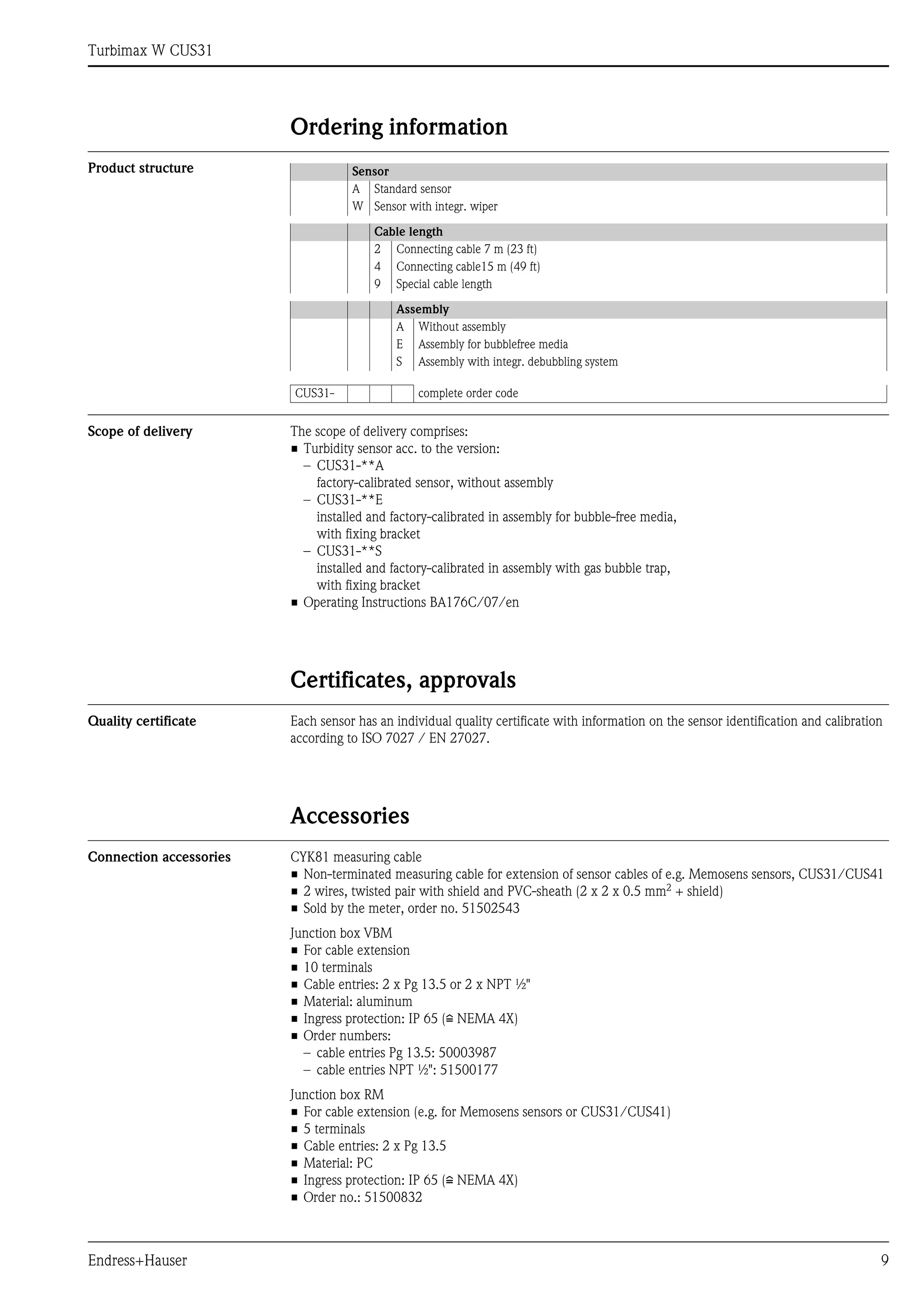 Turbimax W CUS31
Endress+Hauser 9
Ordering information
Product structure
Scope of delivery The scope of delivery comprises:
• Turbidity sensor acc. to the version:
– CUS31-**A
factory-calibrated sensor, without assembly
– CUS31-**E
installed and factory-calibrated in assembly for bubble-free media,
with fixing bracket
– CUS31-**S
installed and factory-calibrated in assembly with gas bubble trap,
with fixing bracket
• Operating Instructions BA176C/07/en
Certificates, approvals
Quality certificate Each sensor has an individual quality certificate with information on the sensor identification and calibration
according to ISO 7027 / EN 27027.
Accessories
Connection accessories CYK81 measuring cable
• Non-terminated measuring cable for extension of sensor cables of e.g. Memosens sensors, CUS31/CUS41
• 2 wires, twisted pair with shield and PVC-sheath (2 x 2 x 0.5 mm2 + shield)
• Sold by the meter, order no. 51502543
Junction box VBM
• For cable extension
• 10 terminals
• Cable entries: 2 x Pg 13.5 or 2 x NPT ½"
• Material: aluminum
• Ingress protection: IP 65 (i NEMA 4X)
• Order numbers:
– cable entries Pg 13.5: 50003987
– cable entries NPT ½": 51500177
Junction box RM
• For cable extension (e.g. for Memosens sensors or CUS31/CUS41)
• 5 terminals
• Cable entries: 2 x Pg 13.5
• Material: PC
• Ingress protection: IP 65 (i NEMA 4X)
• Order no.: 51500832
Sensor
A Standard sensor
W Sensor with integr. wiper
Cable length
2 Connecting cable 7 m (23 ft)
4 Connecting cable15 m (49 ft)
9 Special cable length
Assembly
A Without assembly
E Assembly for bubblefree media
S Assembly with integr. debubbling system
CUS31- complete order code
 