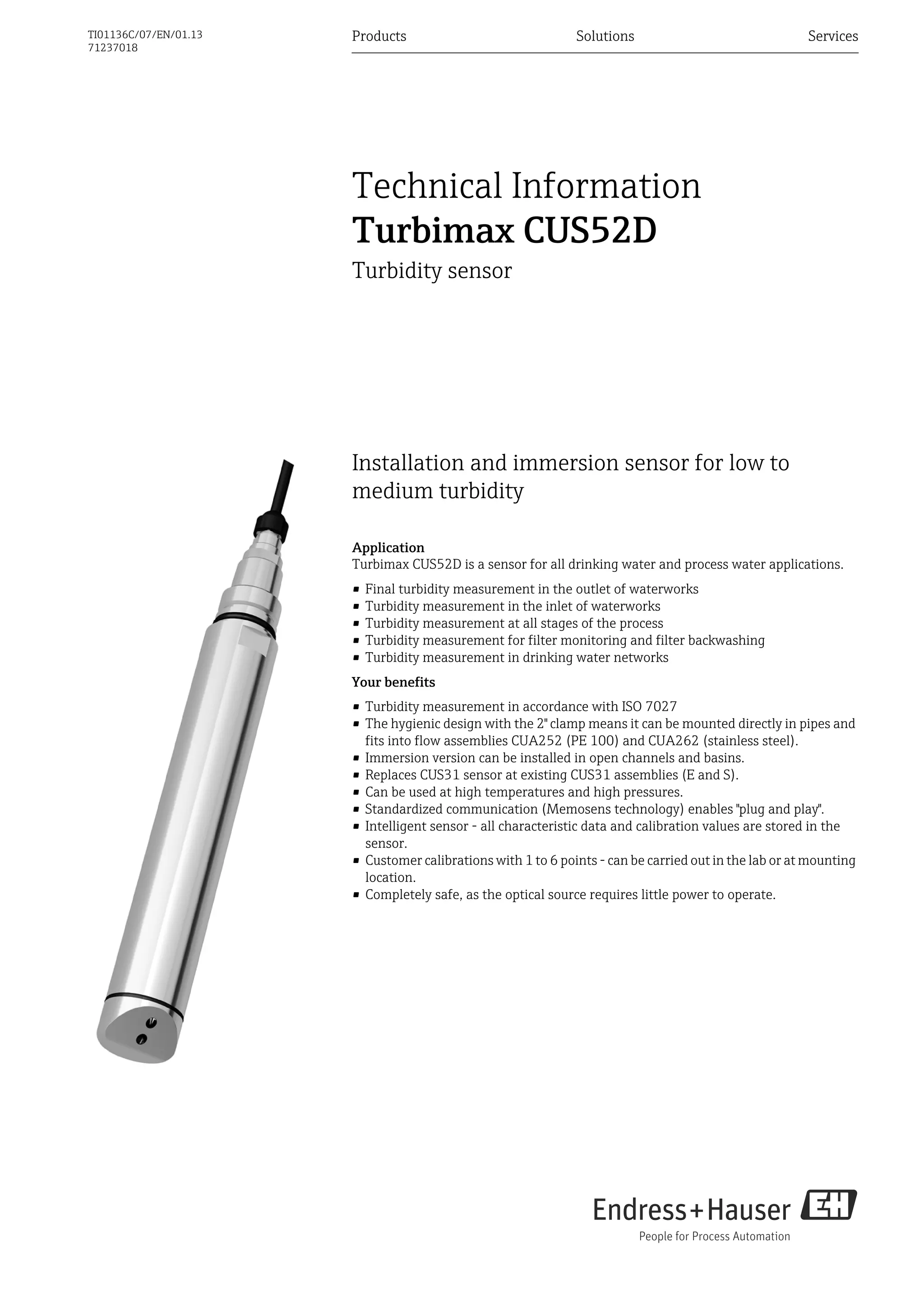 Turbimax cus52 d endress+hauser datasheetturbidity sensor PDF