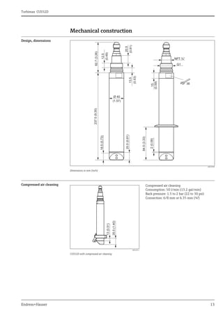 Turbimax CUS52D
Endress+Hauser 13
Mechanical construction
Design, dimensions
a0022048
Dimensions in mm (inch)
Compressed air cleaning
a0022011
CUS52D with compressed air cleaning
Compressed air cleaning
Consumption: 50 l/min (13.2 gal/min)
Back pressure: 1.5 to 2 bar (22 to 30 psi)
Connection: 6/8 mm or 6.35 mm (¼")
 