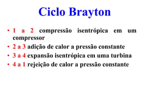 Ciclo Brayton
• 1 a 2 compressão isentrópica em um
compressor
• 2 a 3 adição de calor a pressão constante
• 3 a 4 expansão isentrópica em uma turbina
• 4 a 1 rejeição de calor a pressão constante
 